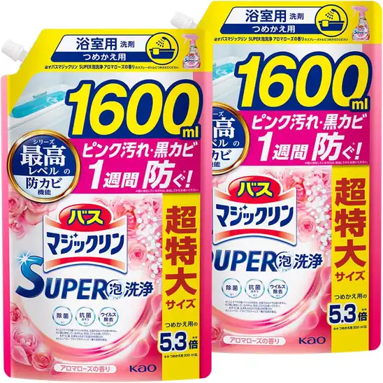 【1,152円】マジックリン 【大容量】バス SUPER泡洗浄 洗浄はもちろん、菌由来の汚れも防ぐ! アロマローズの香り 詰替え用 1600ml×2個