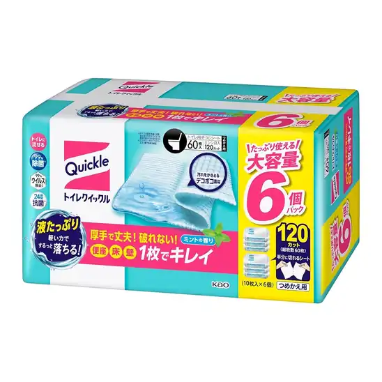 【980円】トイレクイックル つめかえ用 10枚×6個 ミントの香り トイレ用掃除シート 洗浄液たっぷり 大判・厚手・丈夫で流せるシート 99%除菌・ウイルス除去