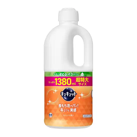 キュキュット 【大容量】 食器用洗剤 長もち泡がパッ! キュッと実感! オレンジの香り 詰替え用 1380ｍｌが582円！