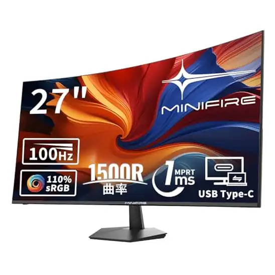 Minifire 27インチ湾曲液晶モニター 1500R曲面、Type-C接続対応 14,999円送料無料!