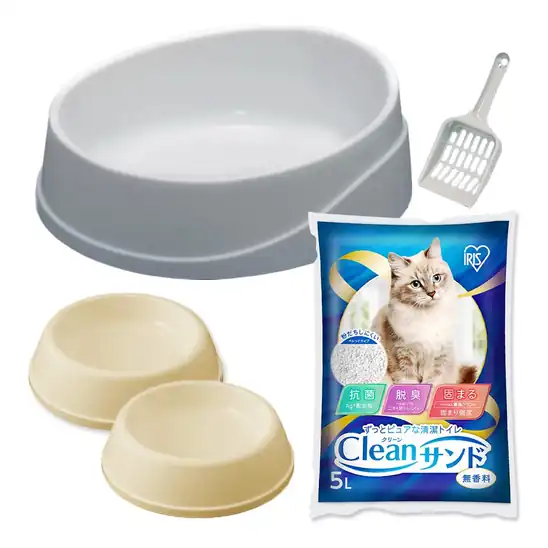 【タイムセール】【47％OFF】アイリスオーヤマ 【お手軽猫用スターターセット】 猫 皿・猫トイレ・猫砂5L 1502円！