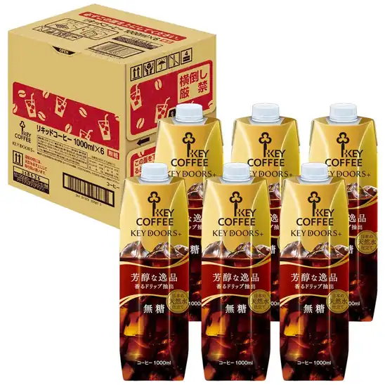 【1,760円】キーコーヒー KEY DOORS+ リキッドコーヒー 天然水 無糖 テトラプリズマ 1000ml ×6本,アイスコーヒー
