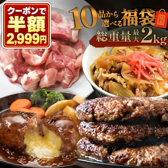 50%OFFクーポンで2,999円 送料無料~ 楽天市場 【最大2kg10品から選べる】福袋 ハンバーグ 確定 訳あり 肉 食品 はしっこ豚 牛丼 豚肉 焼肉 チーズインハンバーグ おつまみ 選べる福袋 冷凍食品 時短 惣菜 2026.11.02 09:59まで