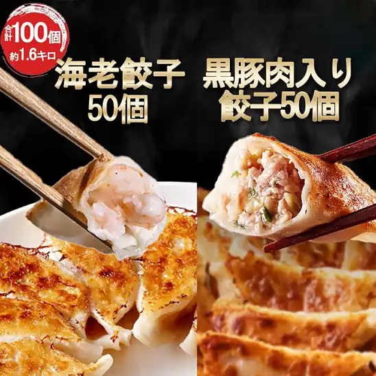 【27日10時まで】一龍堂 黒豚肉入り餃子50個＋こだわり海老餃子50個 合計100個 送料込3,290円(実質2,690円・26.9円/個)