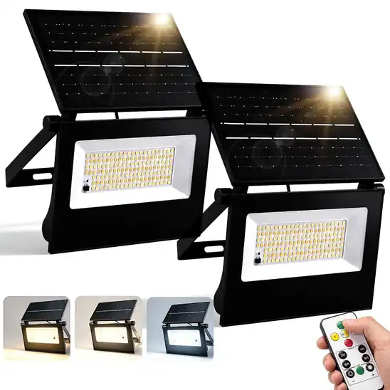 【非公開クーポンで45%OFF】3,239円 送料無料 Amazon Gleazon LEDソーラー投光器 屋外 154LED 3000ルーメン ソーラーライト 3色切替 4段階調光 2〜8時間タイマー機能 明暗センサー 自動点灯・消灯 リモコン付き 2026.11.05まで