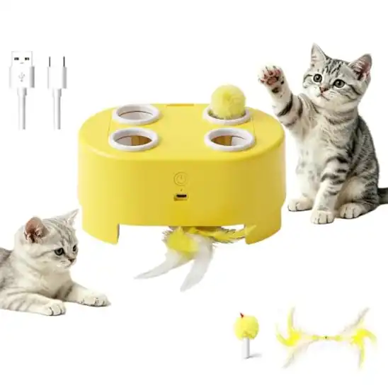 【5】電動モグラ叩き猫おもちゃ 回転羽根付き 室内飼い・多頭飼い向け | USB-C 充電式 全品種・全年齢対応 3 モード 生き物の動き再現スマート設計 静音稼働