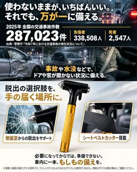 【2026年防災安全協会推奨】車用レスキューハンマー ガラスブレーカー シートベルトカッター タングステン鋼先端 アルミ合金ハンドル テスト用ガラス付 | 緊急脱出用 ハンマー 車用 防災・災害対策用品 タングステンカーバイド製先端・亜鉛合金ヘッド採用 女性・シニアにも扱いやすい 試験ガラス・収納袋付き 大切な人への贈り物にも