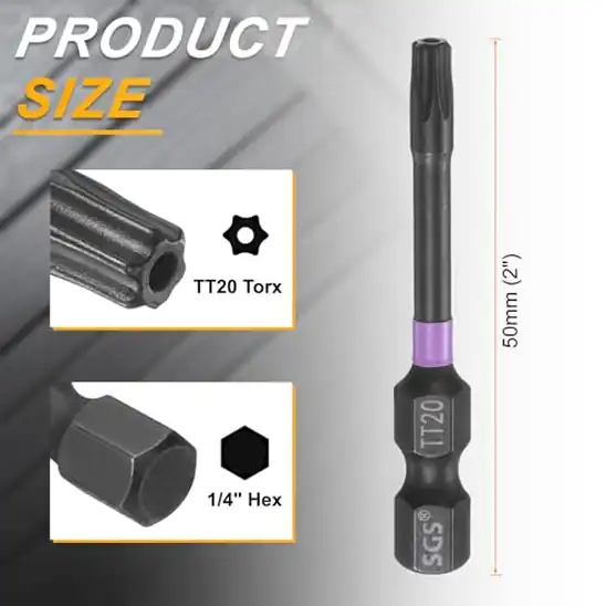 【9】uxcell 2本 TT20 ドライバービット トルクスビット 中空トルクス頭 片頭 六角軸6.35mm 長さ50mm 磁気 S2鋼 星ネジ用 電動ドライバー 電動ドリル 黒