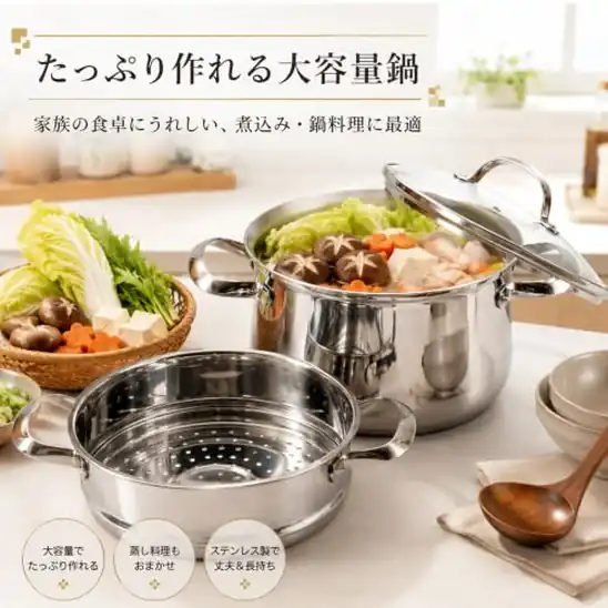 【4】DELARLO 両手鍋24cm蒸し器付き,三層構造ステンレス製スープ鍋,IH対応,強化ガラス蓋付き,均一に加熱,多種熱源対応,ステンレス製調理表面