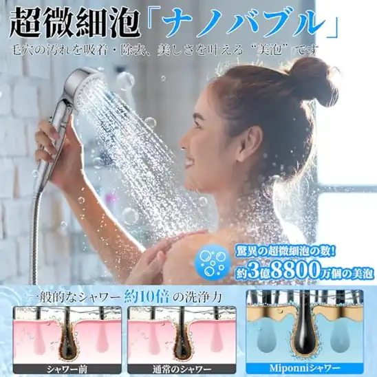 シャワーヘッド マイクロナノバブル 節水 高水圧 高洗浄力 塩素除去 水圧水流調整 手元止水 3段階水流 美髪 頭皮ケア ミストシャワー 極細水流 毛穴汚れ除去 増圧 お風呂 バス用品 取付簡単 保温 保湿 うるおい 国際汎用基準ジョイント 4種類アダプター付き シャワーフック付き 浄水カートリッジ2本付き