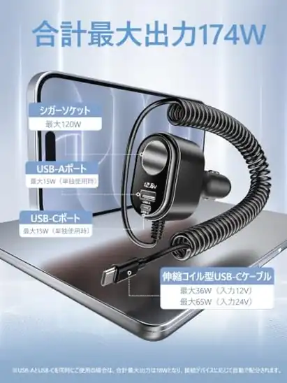 PDMAX シガーソケット 増設 PD急速充電対応 合計最大出力174W 車載充電器 カーチャージャー カー用品 車用品 便利車内グッズ | 伸縮コイル型USB-Cケーブル(収納時約25cm、12V入力時最大36W、24V入力時最大65W) シガーソケット最大出力120W 電圧計付き 12V/24V車対応 トラックで使用可能 4台同時充電可能 スマホ/タブレット対応 キャンプ/車中泊/出張