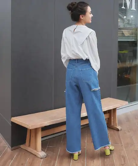 【9】[ティティベイト] ロングパンツ サイドカット デザインパンツ ABXN1460 レディース L ブルー