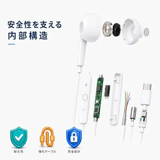 【10】イヤホン タイプc 有線イヤホン 【2026新型】 HiFi クリア通話 マイク内蔵 リモコン付き USB C 小型軽量 人間工学設計 快適な装着感 絡み防止 遅延なし 通勤/仕事/ランニング (white 半インナー 2個)