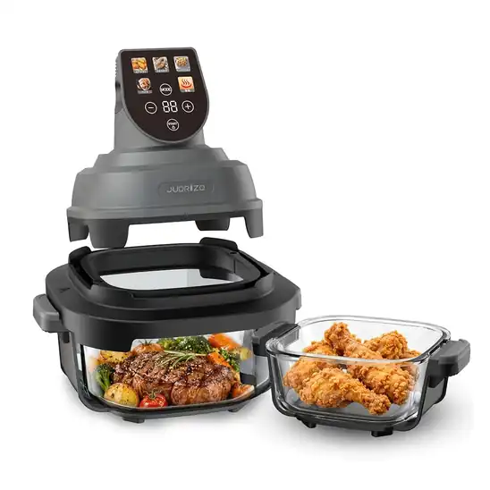 【セール特価で38%OFF 非公開クーポンで25%OFF】11,095円 送料無料 Amazon JUDRIZD エアフライヤー ノンフライヤー 1500W 「3.8L+1.4L 家庭用&一人用」電気フライヤー 2つのガラスボウル PSE認証済み 2026.12.07まで
