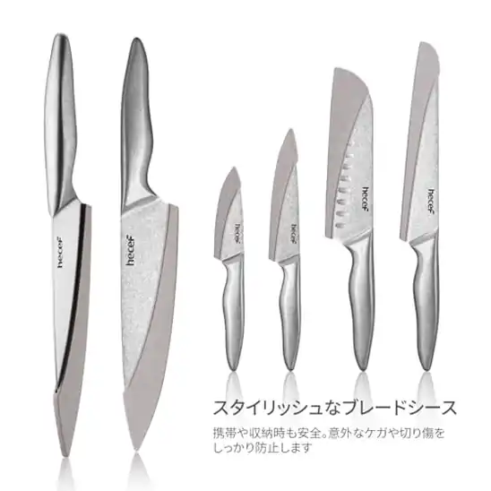【9】hecef 包丁セット 5本 ナイフロールバッグ付き 高炭素ステンレス鋼 ストーンウォッシュ仕上げ シェフナイフ・パン切り包丁・三徳包丁・ユーティリティナイフ・ペティナイフ キャンプ・BBQ・アウトドア対応