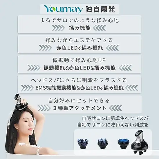 【2】Youmay EMSヘッドスパ 電動頭皮ブラシ 赤色LED 4モード 3D振動 IPX7防水 乾湿両用 頭皮・フェイスケア 充電式（ブラック)