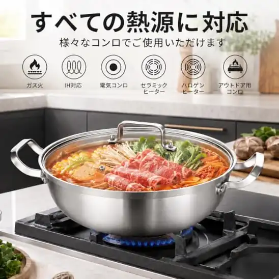 【5】Delarlo 3層ステンレススチール製 両手鍋 蓋付き|IH対応 ディープソテーパン|しゃぶぶぶ鍋|クッキングポット クォート オーブンコンパクト | しゃぶしゃぶ鍋としてはもちろん、炒め物、煮込み料理、鍋料理にも使える28cmの深型両手鍋。三層構造ステンレスが熱を素早く均一に伝え、IH・ガス火に対応。蓋付きで調理中の熱や水分を逃しにくく、オーブン調理にも対応します。家族料理にも便利です。