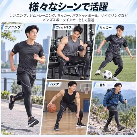 [Sillictor] スポーツタイツ メンズ 3点セット ロング インナースパッツ アンダーウェア コンプレッションタイツ 1060blkblk+na+wh-M